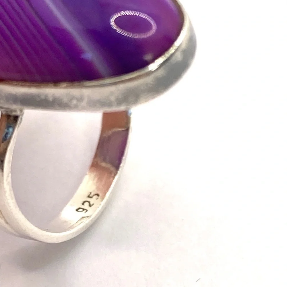925 Sterling Silver Purple Striped Agate Ring size 7.5 vintage Statement